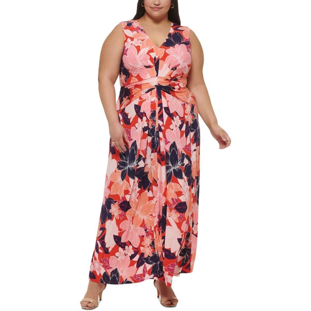 Jessica Howard Coral Pink Navy Floral Twist-Front Maxi Dress